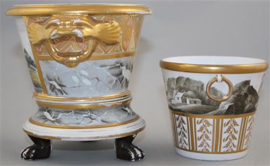 Two Coalport cache pots and a stand, c.1800-10, 9cm, larger pot with some restoration